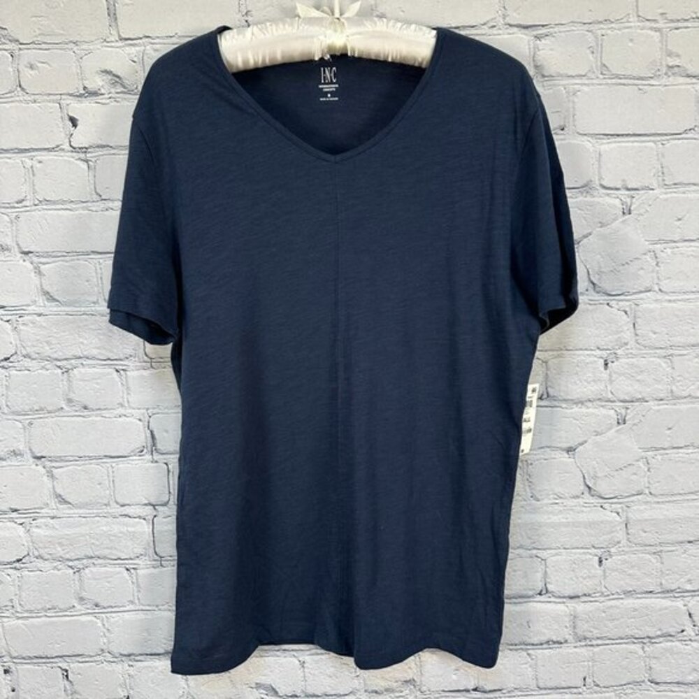 INC International Concepts V-Neck Solid Short Sleeve T-Shirt, Size Small, Navy
